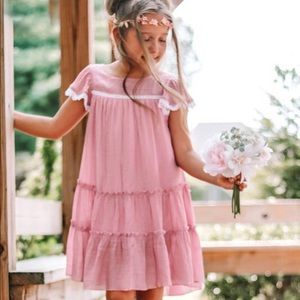 Mauve Pink White Lace Trim Boho Button Down Cotton Flowy Tiered Twirl Dress